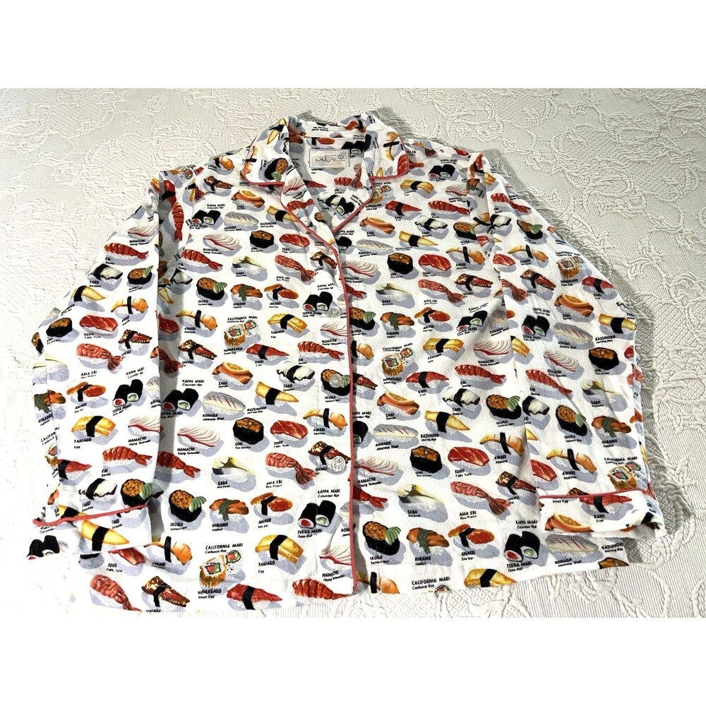 The Cat’s Pajamas SUSHI Print PJ TOP ONLY Long Sleeve Cotton Shirt Ladies Large